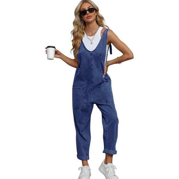 High Roller Womens Denim Overalls Casual Sleeveless Loose Baggy Jumpsuit Large - Picture 1 of 9